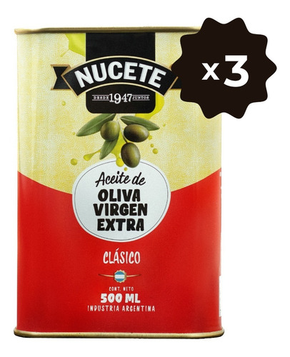 Imagen 1 de 2 de Combo Aceite Oliva Virgen Extra Clásico Nucete 500 Cc X 3