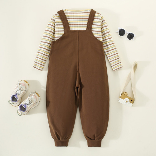 2pcs Conjunto Tierno Para Niños Con Pantalones De Tirantes Marrón 5-6 A