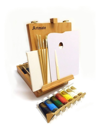 Valija Madera Con Acrilicos Pinceles Canvas Paleta Artmate