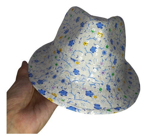 Sombrero Tipo Tanguero Blanco Con Flores Azules C1251