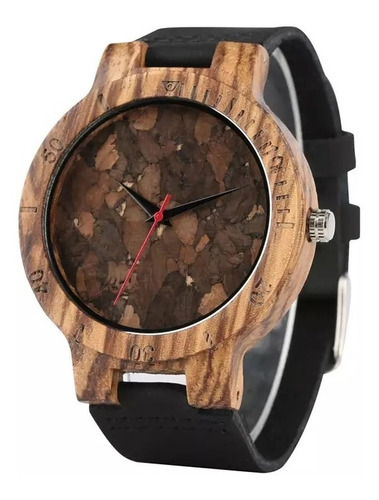 Reloj De Madera Natural De Zebra Y Corcho Correa Negra Cuero