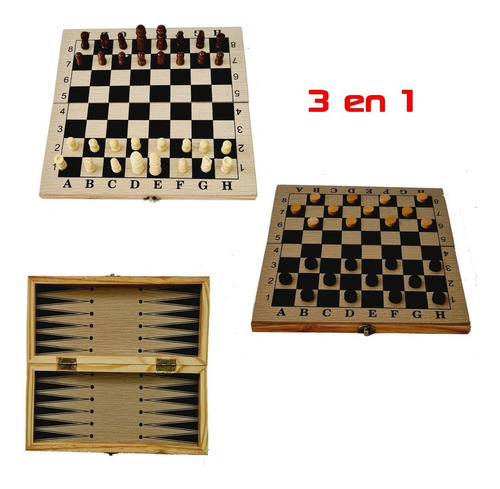 Imagen 3 de 10 de Juego De Mesa Ajedrez Damas Backgammon Madera 3 En 1 Viaje