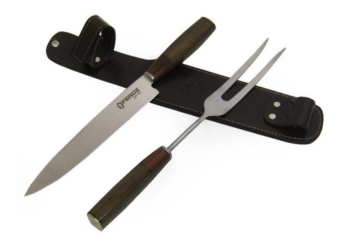 Imagen 5 de 10 de Juego Trinchar Asador Feroz Madera Artesanal Hoja Inox 20 Cm