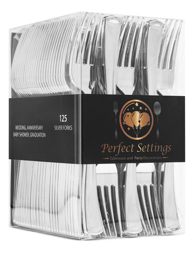 Perfect Settings - 125 Tenedores De Plastico Plateado  Jueg