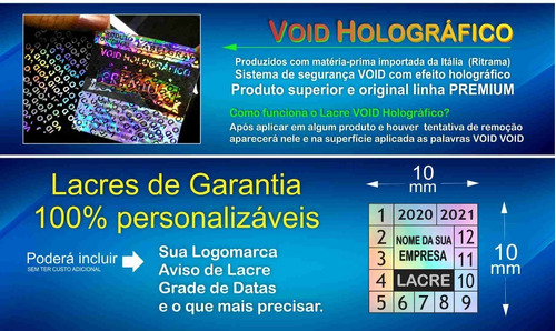 Lacre Void Holográfico Premium Personaliza 10x10mm 180un P/b
