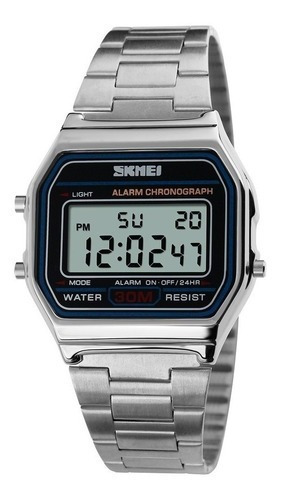 Reloj Digital Para Hombre, Skmei 1123 Restistente Al Agua Color de la correa Silver Color del bisel Negro Color del fondo Plateado