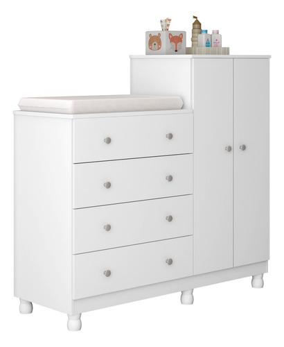 Cômoda Guarda Roupa Bebê Madeira Branca C/ Colchão Trocador Cor Branco