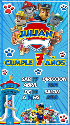 Invitación Tarjeta Digital Paw Patrol  Whatsapp Cumpleaños 