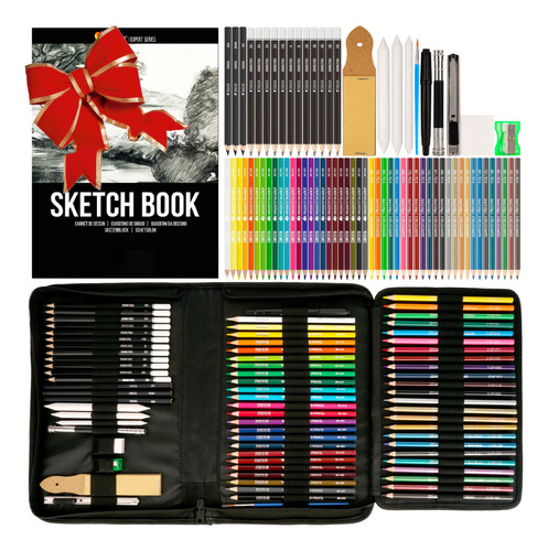 Paquete 74 Lápices Dibujo Kit Pro Art Cuaderno Bocetos Y Acc