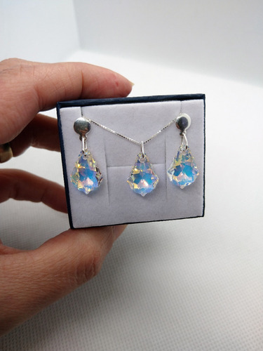 Conjunto Cristal Swarovski Folha Aurora Boreal Em Prata 925