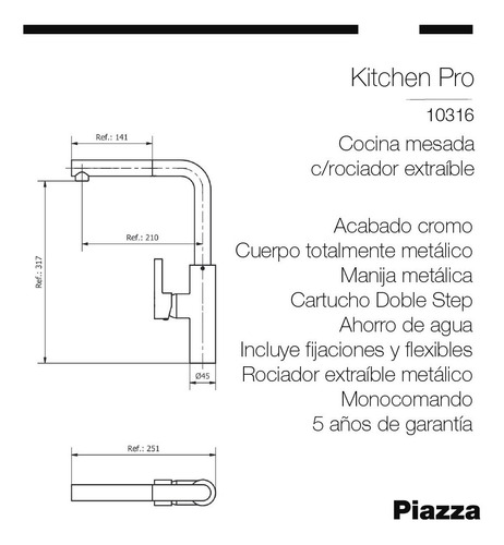 Imagen 4 de 6 de Griferia Cocina Monocomando Piazza Kitchen Extensible 10316