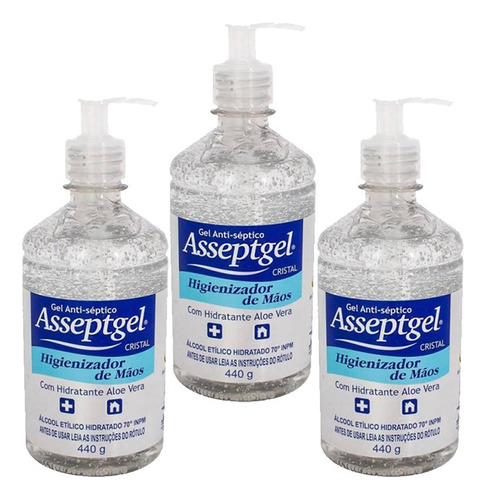 Álcool Em Gel Antisséptico 420gr Asseptgel Kit 3