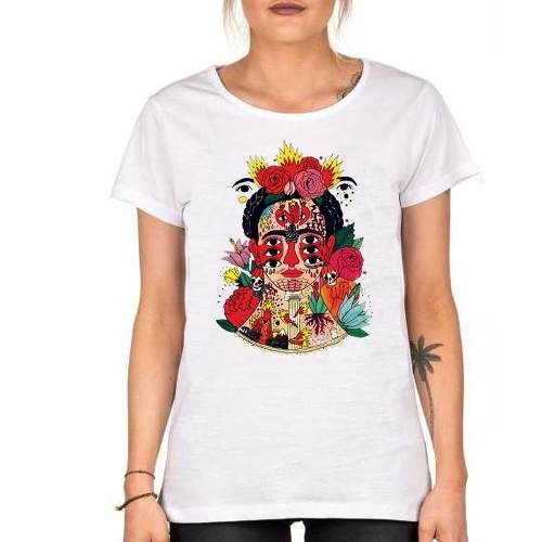 Remera De Mujer Frida Kahlo Abstracto Arte Ojos Volcan Flore