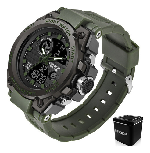 Reloj pulsera Sanda 739 con correa de poliuretano color verde ejército - fondo negro