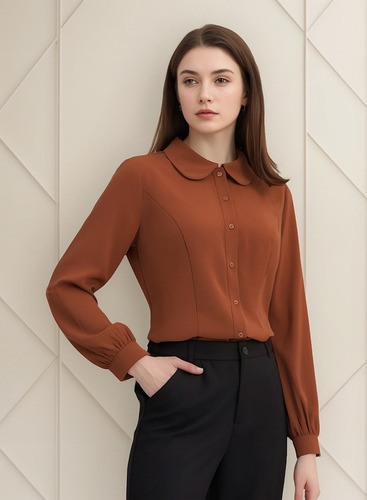 Camisa Casual De Cuello Peter Pan Manga Larga Blusa