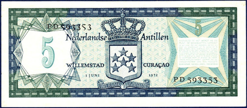 5 Gulden 01 6 1972 Billete De Antillas Holandesas Curacao