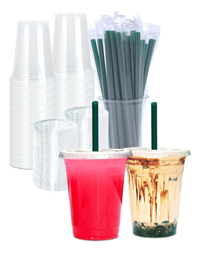 Vasos De Plástico Transparente De 16 Oz Con Tapas Y Pajitas,