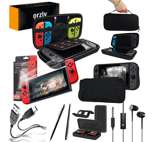 Funda Nintendo Switch Kit 8-1 Orzly Estuche + 2 Vidrio Templado Orzly + Usb-c + Funda Grip + Auriculares + Porta Juegos