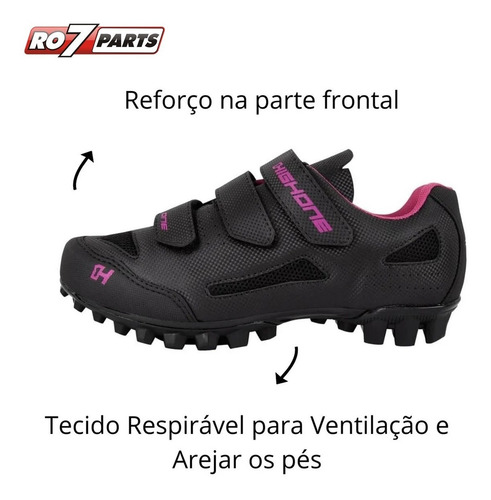Imagem 4 de 10 de Sapatilha Ciclismo Feminina Mtb High One 3 Velcros Pto/rosa