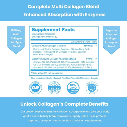 Multi Colágeno I Ii Iii V X Collagen Protein 90 Cps Imp Usa Neutro