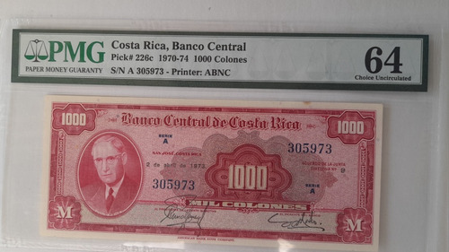 Billete 1000a Costa Rica 1973, Excelente Estado Grado 64