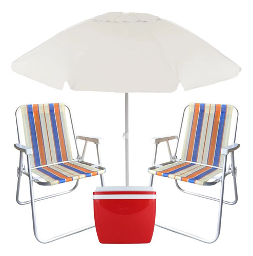 Kit Guarda Sol 2m + 2 Cadeiras De Praia + Cooler Vermelho