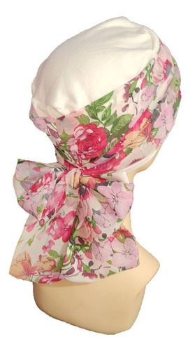 Turbante Gorro Mujer Elegante Oncológico, Algodón Y Mascada Color Hueso-rosa