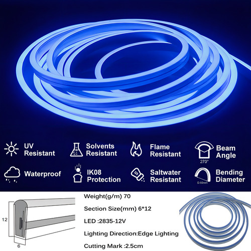 Kit Tira Led Manguera Neon Luz Azul 5 Metros 2835 Mas Adaptador Y Fuente !2v Ip65 Exterior Interior Resiste Al Agua Luminoso Flexible Ecofriendly Ahorra Energia