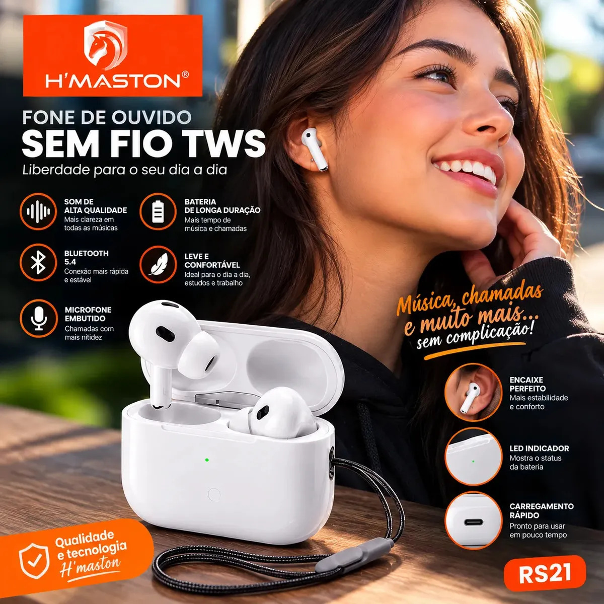 Fone Bluetooth H’Maston RS21 TWS 5.4 Sem Fio Branco