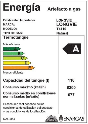Imagen 2 de 2 de Termotanque A Gas Longvie 110 Litros T4110-n
