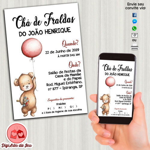 Imagem 1 de 2 de Convite Digital - Chá De Bebê/fraldas Urso Ursinho #002