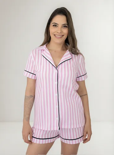 Pijama Americano Feminino Curto Algodão - Listrado Rosa