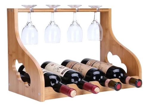 Vinera De Bambú, Rack Vino Organizador 4 Botellas + 4 Copas