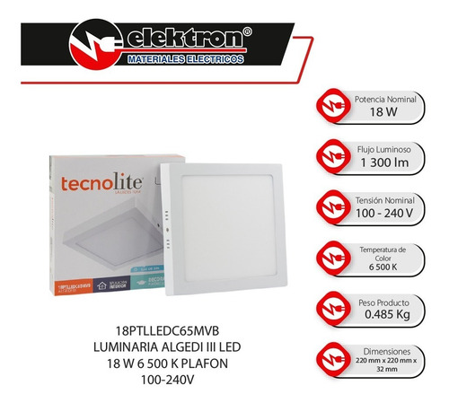 Imagen 3 de 7 de Luminaria Led Cuadrada Tecnolite 18ptlledc65mvb 18w 6500k