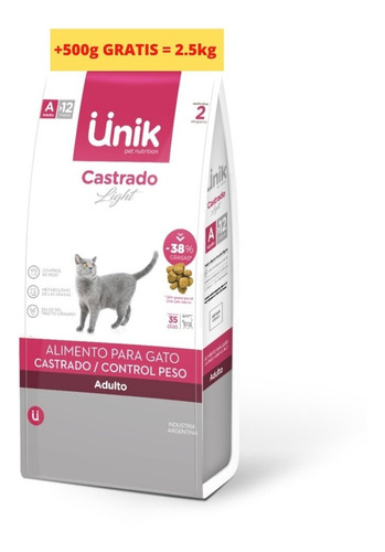 Alimento Unik Light Gatos Adulto Castrado 2kg + 500g Gratis!