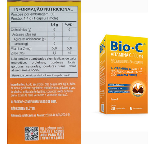 Kit 2 Bio C Vitamina C 500mg 30 Cápsulas Moles