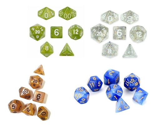 Pack X4 Sets De 7 Dados Dungeons And Dragons Glitter Bolsas