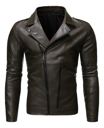 Chaqueta De Piel Biker De Corte Ajustado Para Hombre En Liso