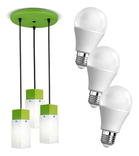 Colgante Techo Verde Moderno 3 Luces Focos Bulb Led Día 12w