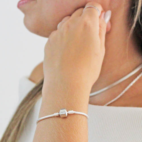 Pulseira Para Berloque Maleável Fecho Tambor Liso Prata 925
