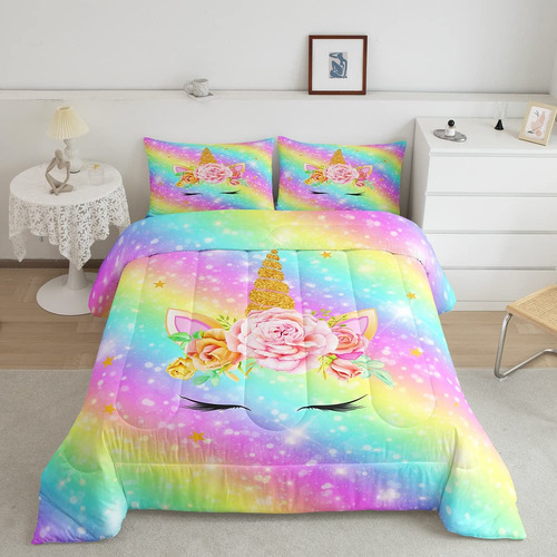 Edredon Unicornio 3 Piezas Matrimonial Ninas Arcoiris Habita