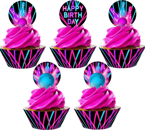 Bowling Cupcake Toppers And Cupcake Wrappers - 24 Cupcake To