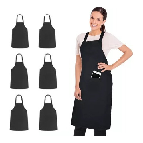10 Mandiles 3 Bolsas Negro Gabardina Ligera Delantal Algodón Diseño De La Tela Ninguno