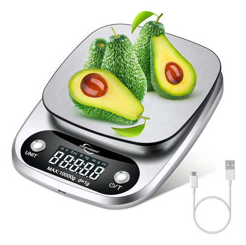 Báscula Digital Gramera de Cocina 1-10 kg Recargable USB Alta Precisión con Pantalla LCD, 9 Unidades de Medida y Función Tara para Cocina Repostería y Pesaje de Alimentos DANWIRT DWT1305