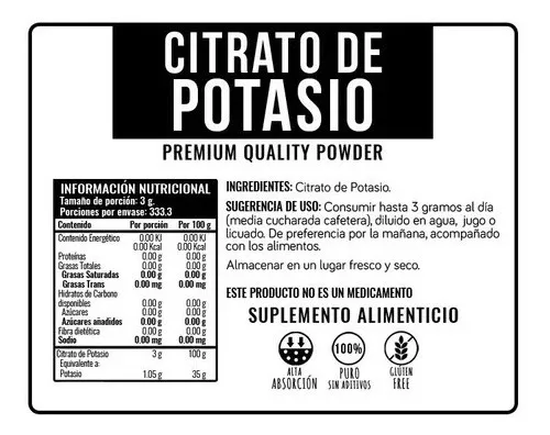 CITRATO DE POTASIO – 1 Kg – NATSA – Productos Naturales