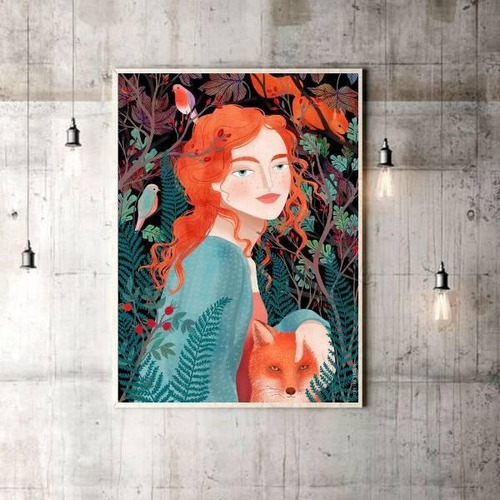 Quadro Decorativo Menina Com Raposa 45x34cm