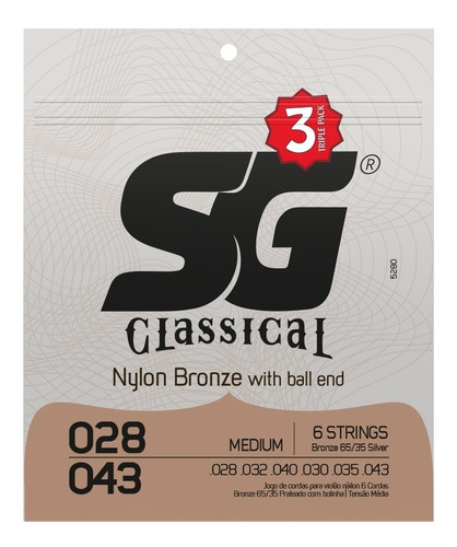 Kit 3 Encordoamento Sg Violão Nylon 028 Bronze 65/35