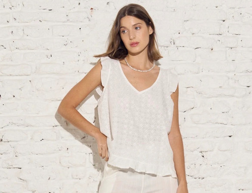 Blusa Musculosa Con Broderie Encaje Volados Verano Tendencia