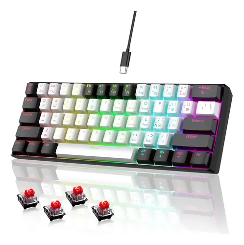 Teclado Mecanico Espanol 61 Teclas Alambrico, Ñ Teclado Numeric Gamer/pc Rgb Usb Con Cable Extraíble, Red Switch Y Hot Swap Keycaps, Teclado Mecanico Ergonomico Retroiluminado Para Computadora Negro