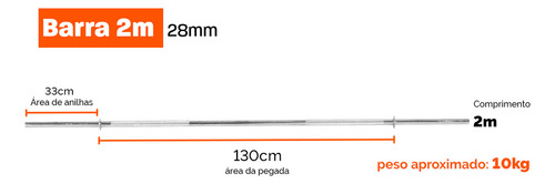 Barra Reta Maciça 2,00m Cromada + Presilhas Para Musculação Cor Cromo